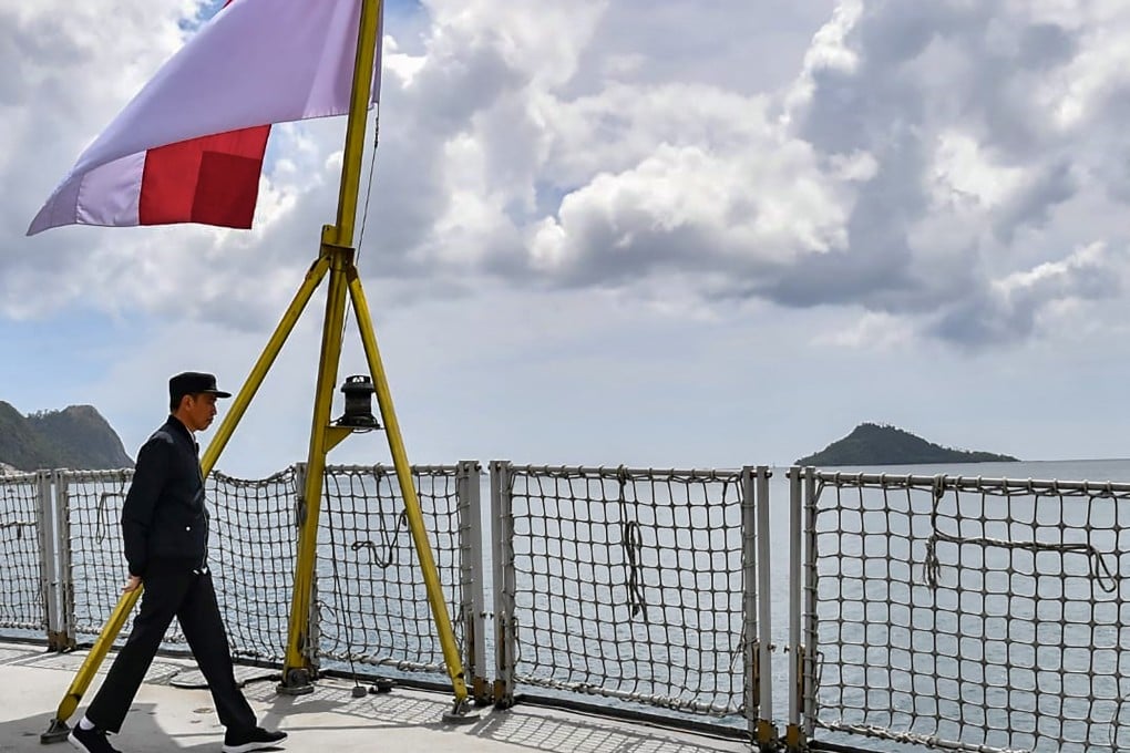 Indonesian President Joko Widodo aboard a navy ship visits a military base in the Natuna Islands in January 2020. Photo: Handout