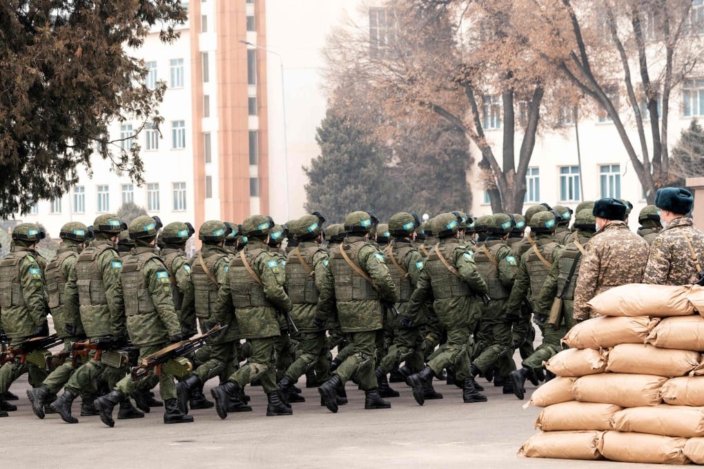 CSTO soldiers attend a ceremony to mark the end of their mission. Photo: AFP