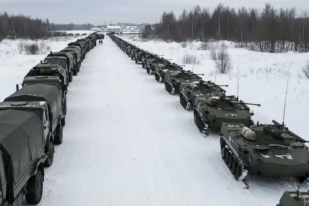 Russian military vehicles queue outside Ivanovo airport, in central Russia, on January 6 before their flight to Kazakhstan. Photo:  AFP/Russian Defence Ministry