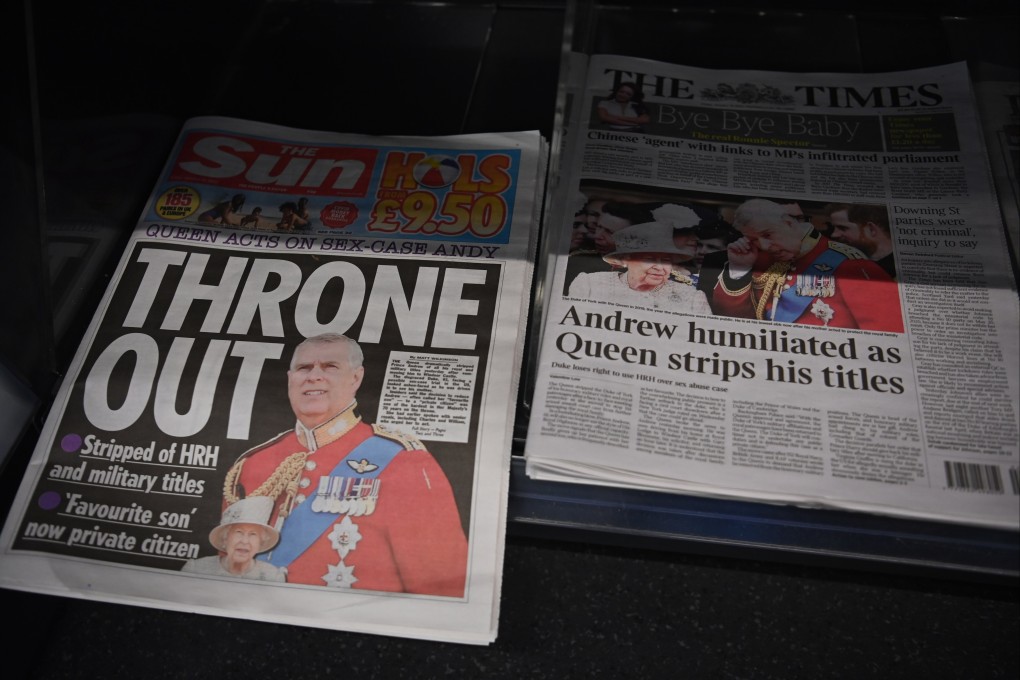 UK newspapers display frontpage headlines and stories on Britain’s Prince Andrew in London on Friday after his titles were removed by his mother, Queen Elizabeth. Photo: EPA-EFE
