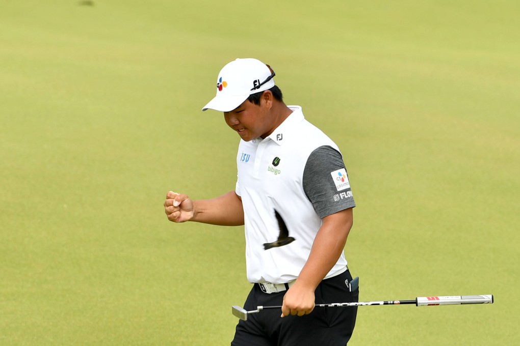 Joohyung Kim celebrates holing a putt during the final round of The Singapore International. Photo: Asian Tour.
