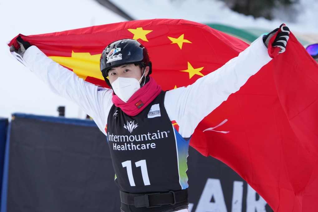 Xindi Wang from China celebrates his first place finish in the men’s aerials at the FIS Freestyle Ski World Cup in Deer Valley, Utah. Photo: EPA