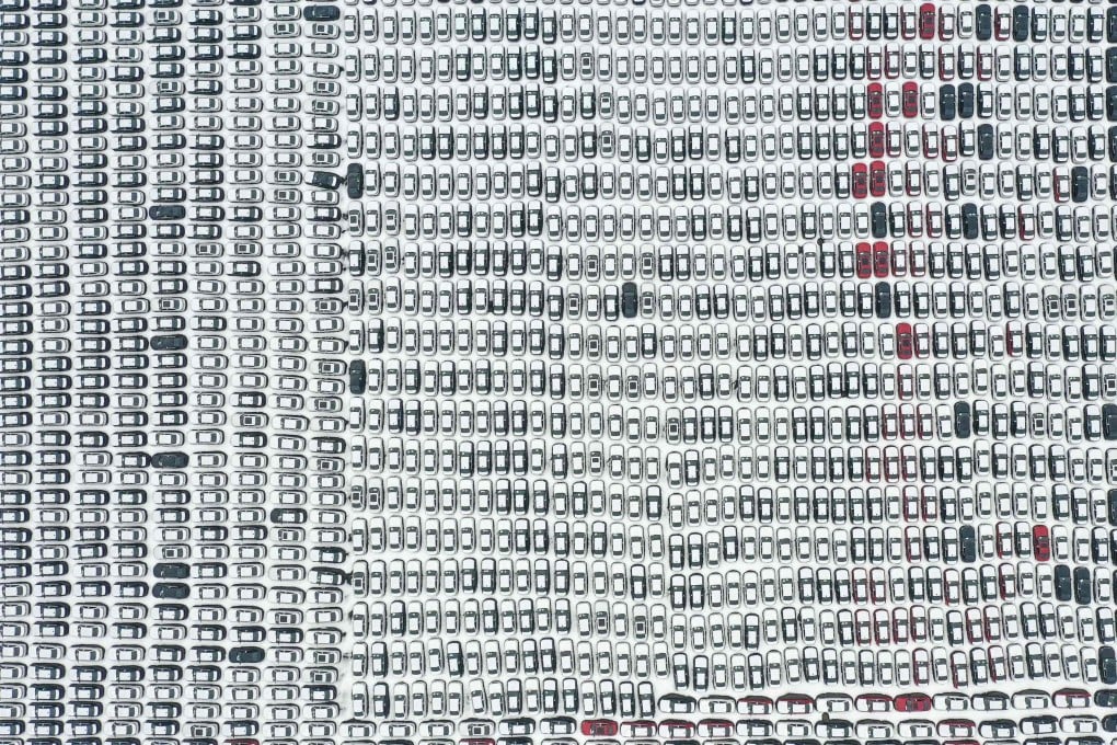 Aerial photo of newly-produced cars covered in snow at the factory of BMW-Brilliance in Shenyang in northeastern China’s Liaoning province on November 17, 2021. Photo: AFP