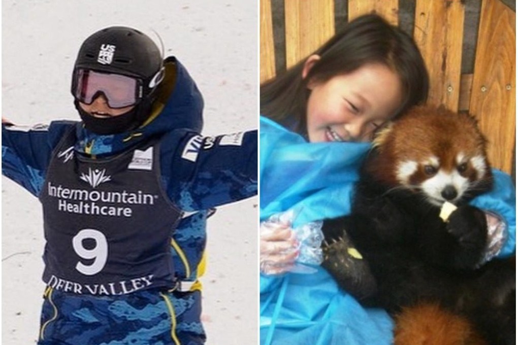 American skier Kai Owens in action on the slopes (left), and as a child at a zoo in China. Photo: Facebook/Kai Owens