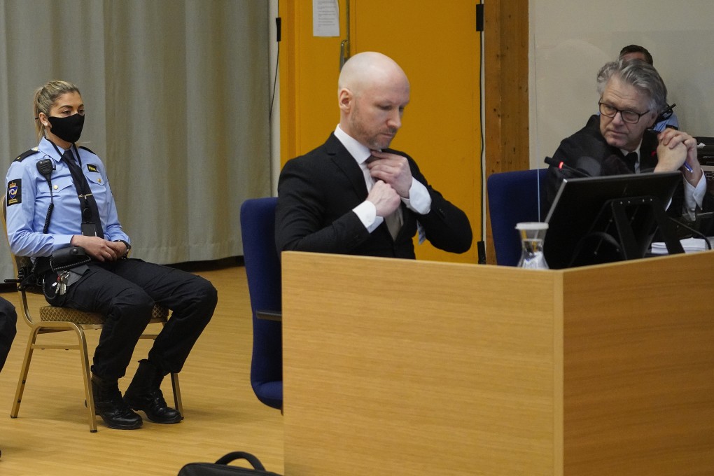 Norwegian mass killer Anders Behring Breivik in court on the first day of a hearing where he is seeking parole. Photo: NTB scanpix via AP