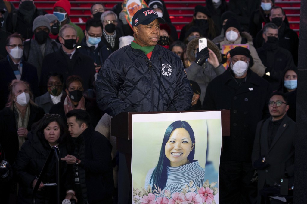 Mayor Eric Adams speaks during a vigil in honour of subway attack victim Michelle Alyssa Go in New York on Tuesday. Photo: AP