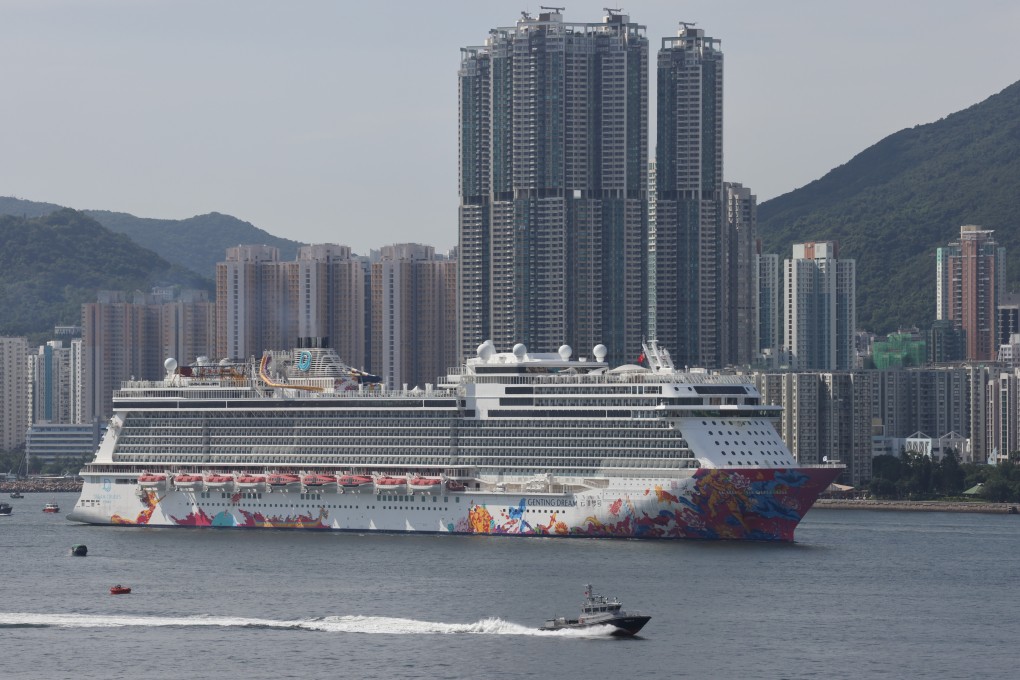 A Genting Dream cruise ship returning to Kai Tak Cruise Terminal with 1,070 passengers aboard after a four-night Cruise to Nowhere “seacation” package on August 1, 2021. Photo: Nora Tam