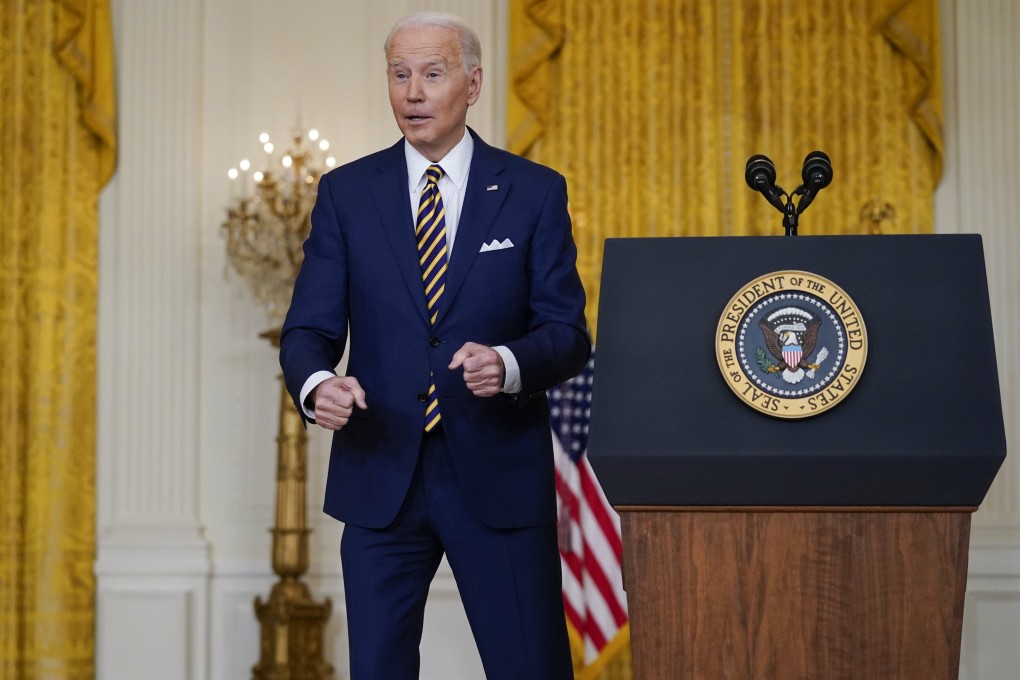 US President Joe Biden jokes about doing push-ups during a news conference at the White House on Wednesday. Photo: AP