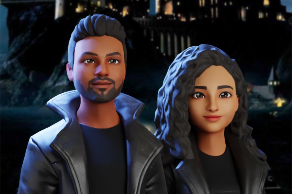 The digital avatars of Dinesh S. P. and his fiancé Janaganandhini Ramaswamy, Harry Potter’s Hogwarts Castle behind them. There the pair will host their metaverse wedding reception for 5,000 guests, including the bride’s late father. Photo: Handout