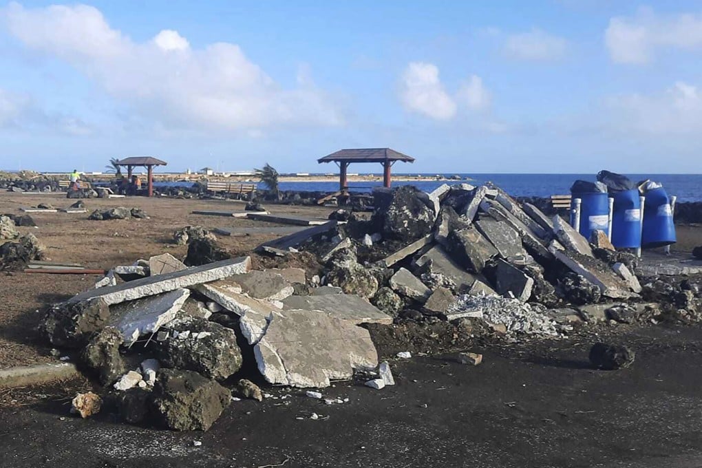 A damaged area in Tonga’s Nuku’alofa following Saturday’s volcanic eruption and tsunami near the Pacific archipelago. Photo: Broadcom Broadcasting via AP