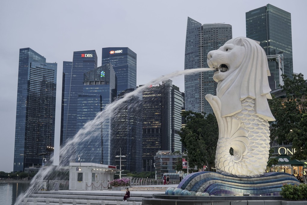 The Merlion statue among the buildings of the financial district in Singapore on 14 July 2021. Photo: EPA-EFE