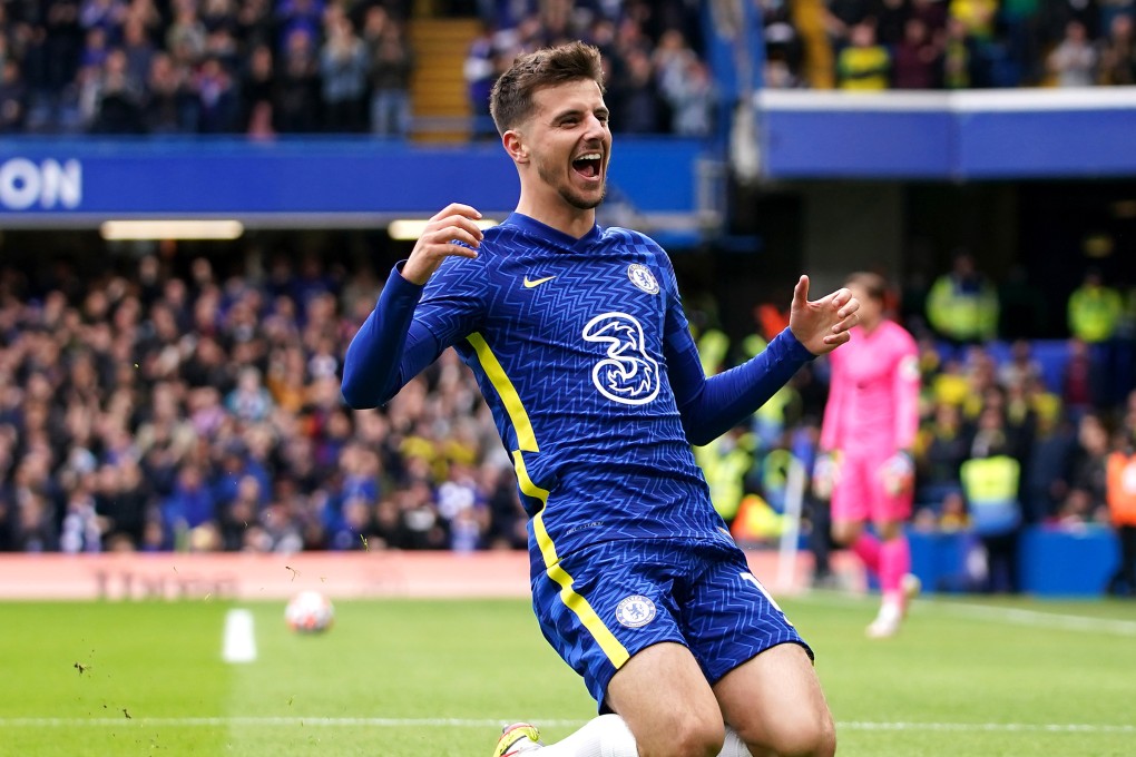 Chelsea’s Mason Mount after scoring his first goal in a game against Norwich City in the Premier League at Stamford Bridge. Photo: DPA