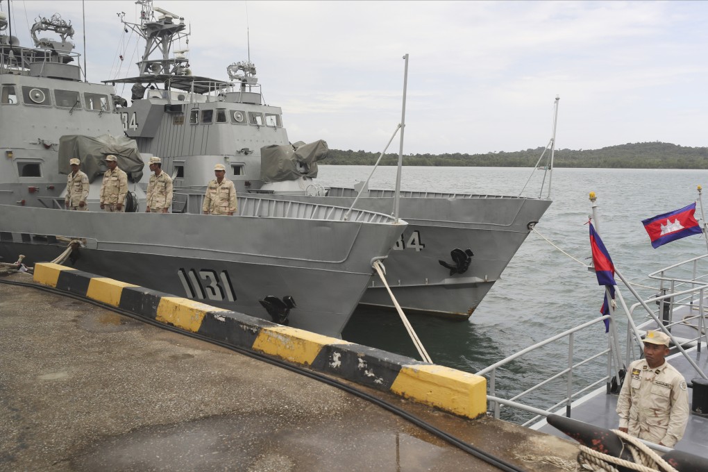 Cambodian navy crew stand on a patrol boat at the Ream Naval Base in Sihanoukville in July 2019. Photo: AP