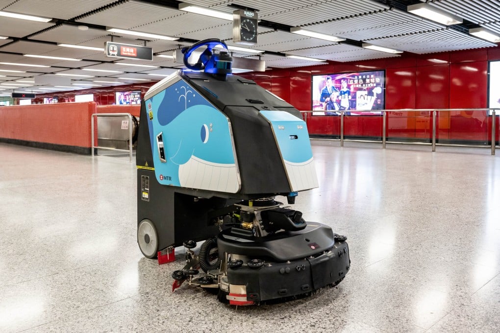One of the cleaning robots at work disinfecting Mei Foo MTR station. Photo: Handout