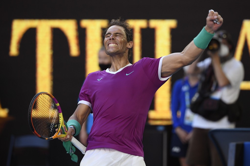 Rafael Nadal celebrates after defeating Denis Shapovalov in a tense quarter-final showdown at the Australian Open. Photo: AP