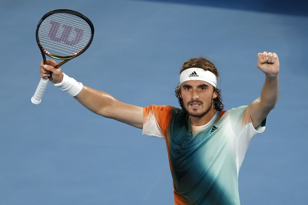 Stefanos Tsitsipas celebrates after defeating Jannik Sinner in their quarter-final match at the Australian Open. Photo: AP