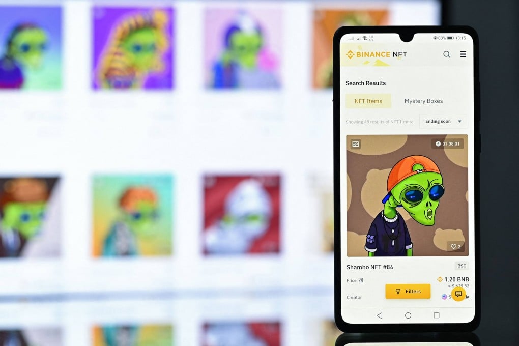 An NFT created by digital artist Zamblek named “Shambo NFT #84” on Binance NFT marketplace is displayed on a mobile phone in December last year. With NFT sales now in the billions of dollars, the ecosystem has attracted attention from scammers and money launderers. Photo: AFP