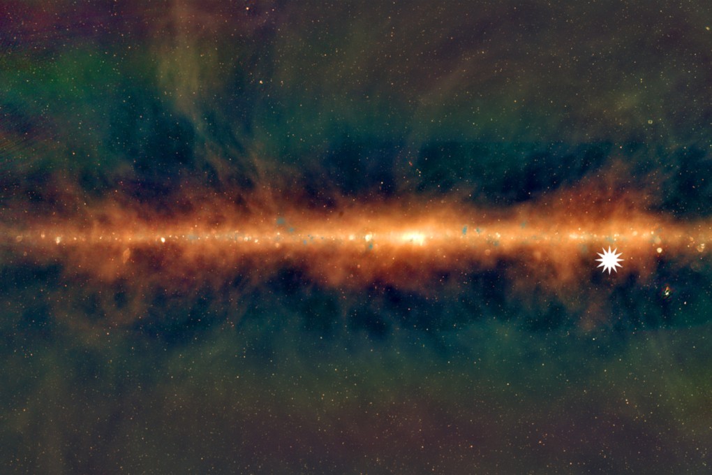 The Milky Way, seen from the MWA, with the star icon showing the position of the mystery object.  Photo: Natasha Hurley-Walker (ICRAR/Curtin) and the GLEAM Team