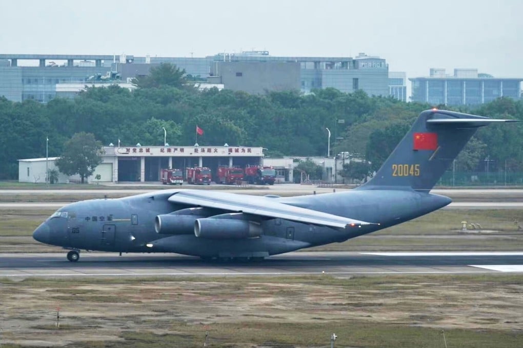 A Y-20 military transport plane carrying supplies takes off from Guangzhou Baiyun International Airport. Photo: Weibo