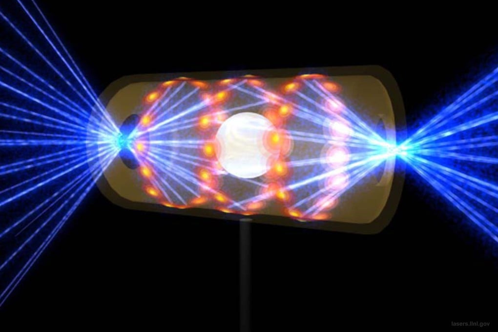This illustration depicts a target pellet with laser beams entering through openings on either end. The beams compress and heat the target to the necessary conditions for nuclear fusion to occur. Photo: Lawrence Livermore National Laboratory