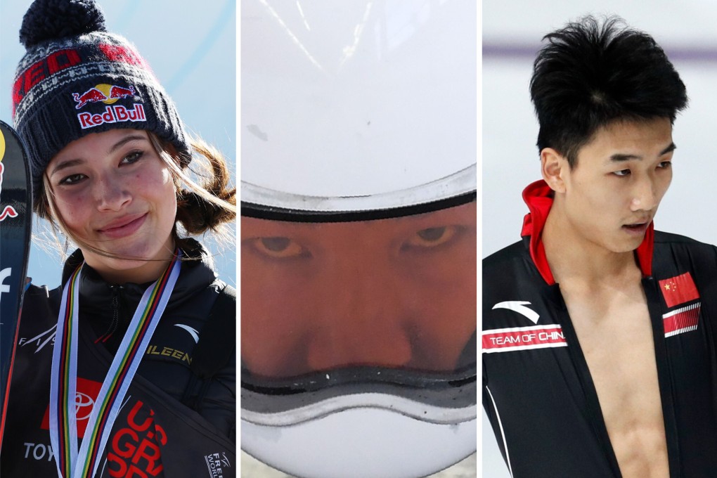 (From left) Eileen Gu Ailing, Geng Wenqiang and Gao Yingyu of China. Photo: AFP, AP
