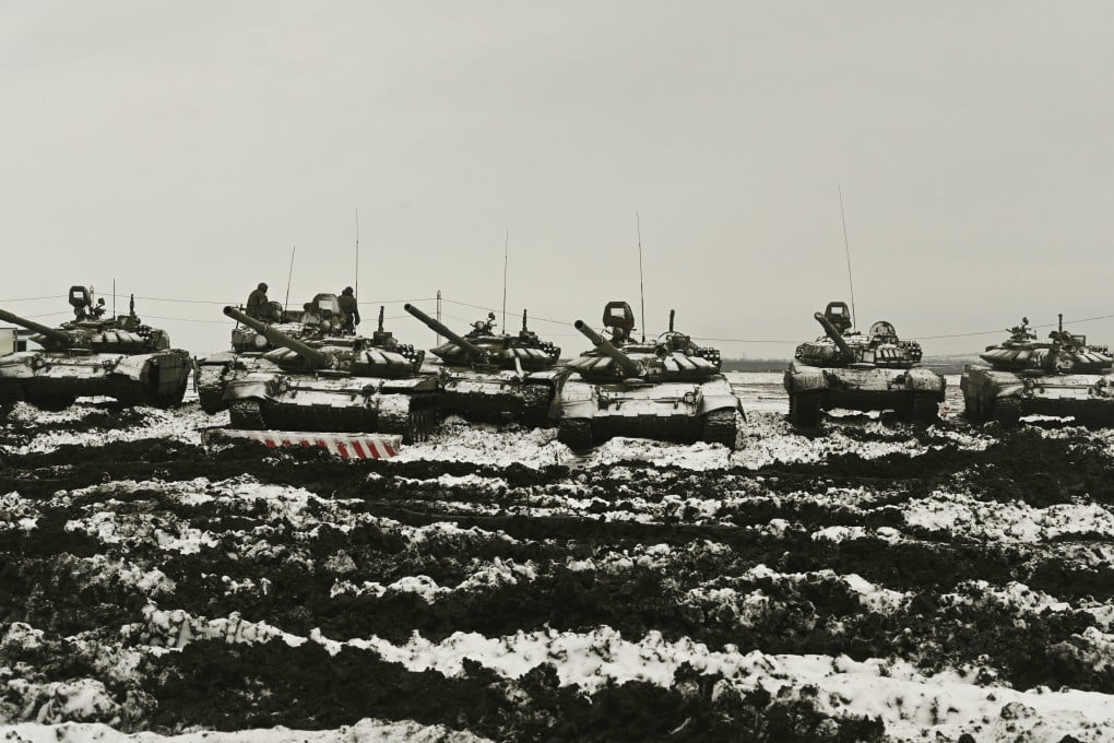 Russian tanks in drills at the Kadamovskiy firing range in the Rostov region in southern Russia. File photo: AP