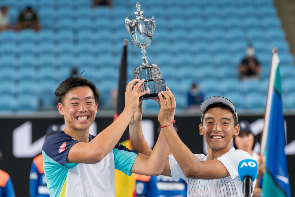 Hong Kong tennis player Coleman Wong (left) with Bruno Kuzuhara after winning the Australian Open Junior Championships boys’ doubles final event in Melbourne. Photo: @arckphoto
