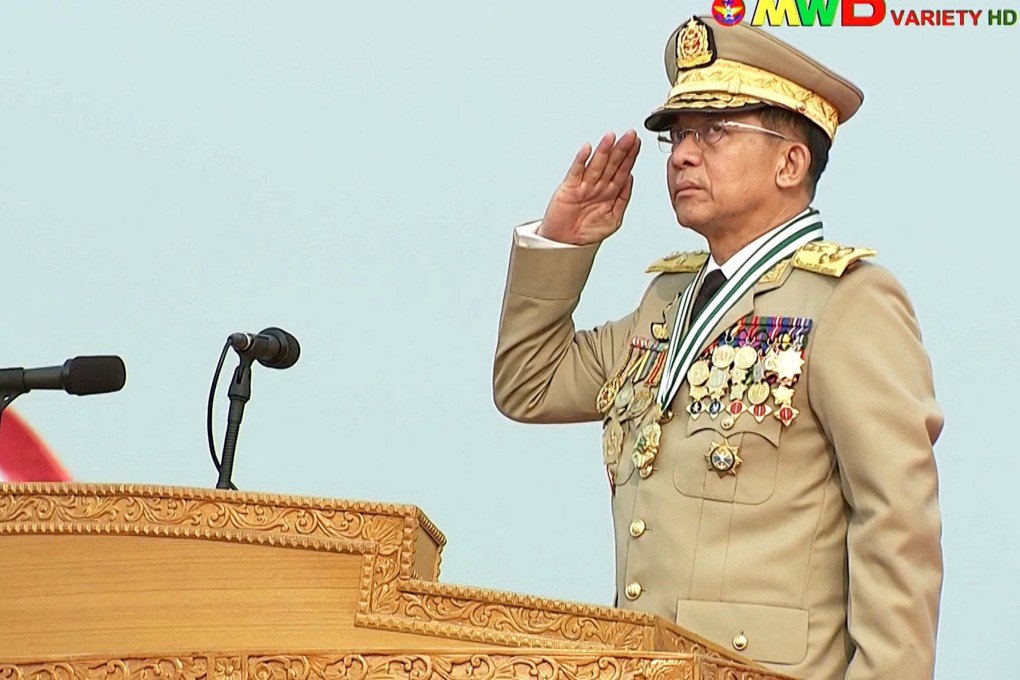 Myanmar junta chief Min Aung Hlaing salutes during a military parade in March last year, a month after the coup he led to oust civilian leader Aung San Suu Kyi. Photo: Myawaddy TV Handout via AFP