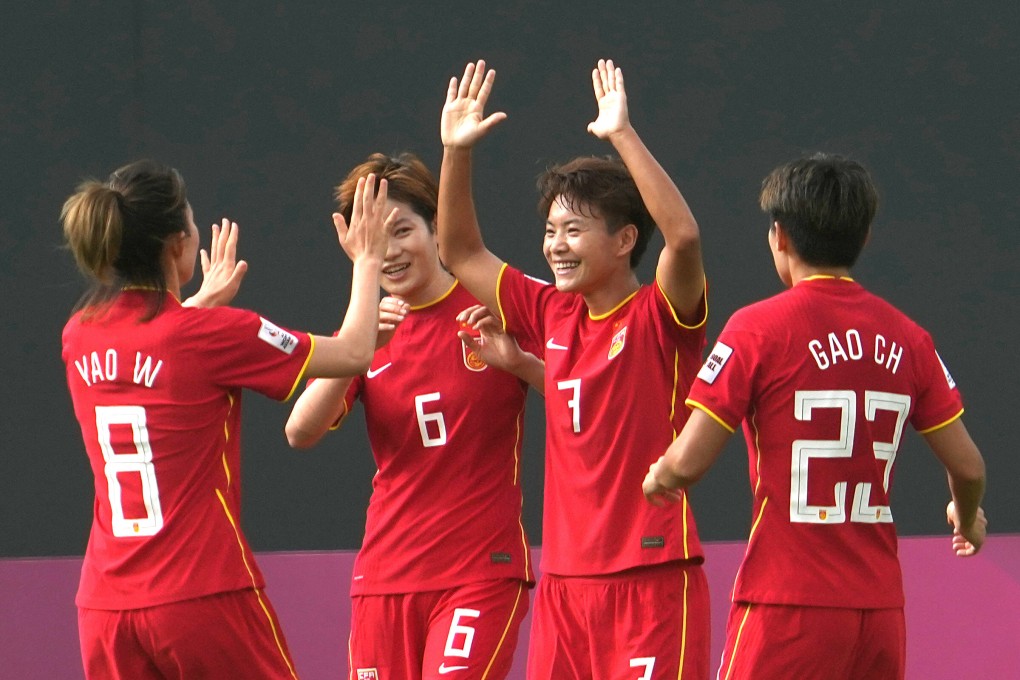 China celebrates after a beating Iran 7-0 during the 2022 AFC Women’s Asian Cup. Photo: Xinhua