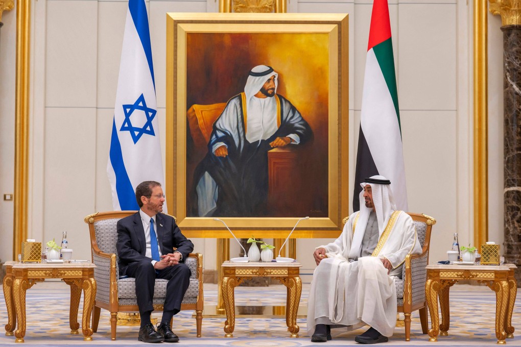 Abu Dhabi’s Crown Prince Sheikh Mohammed bin Zayed al-Nahyan, right, with Israel’s President Isaac Herzog in the UAE capital Abu Dhabi on January 30. Photo: AFP / HO / WAM