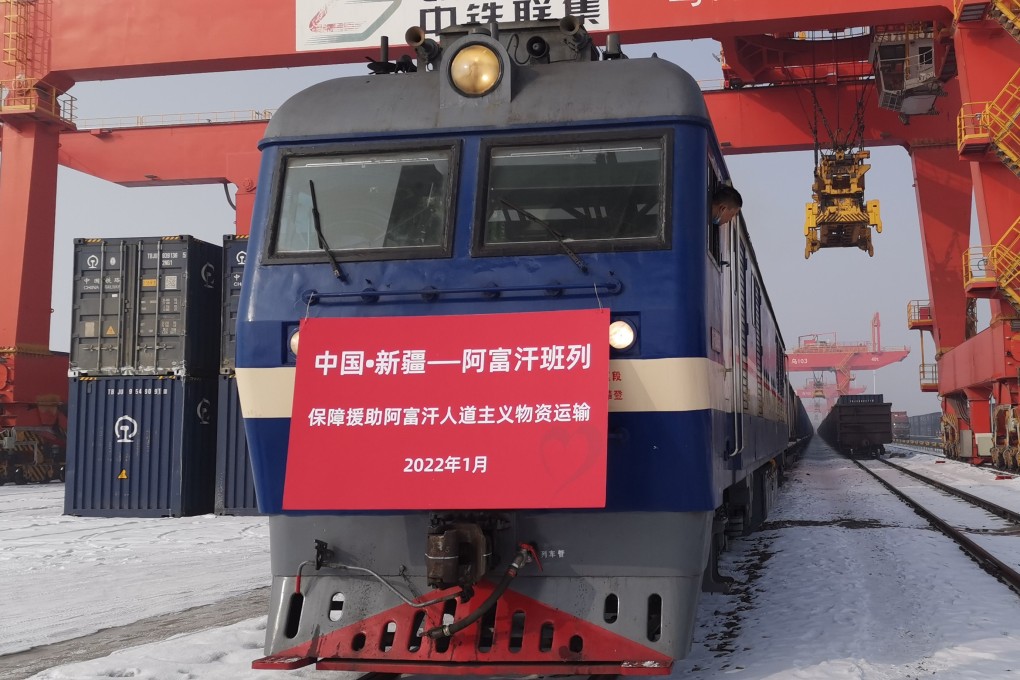 Train with around 500 tonnes of wheat, sugar, cooking oil and potato processing equipment prepares to leave Xinjiang for Afghanistan. Photo: Twitter