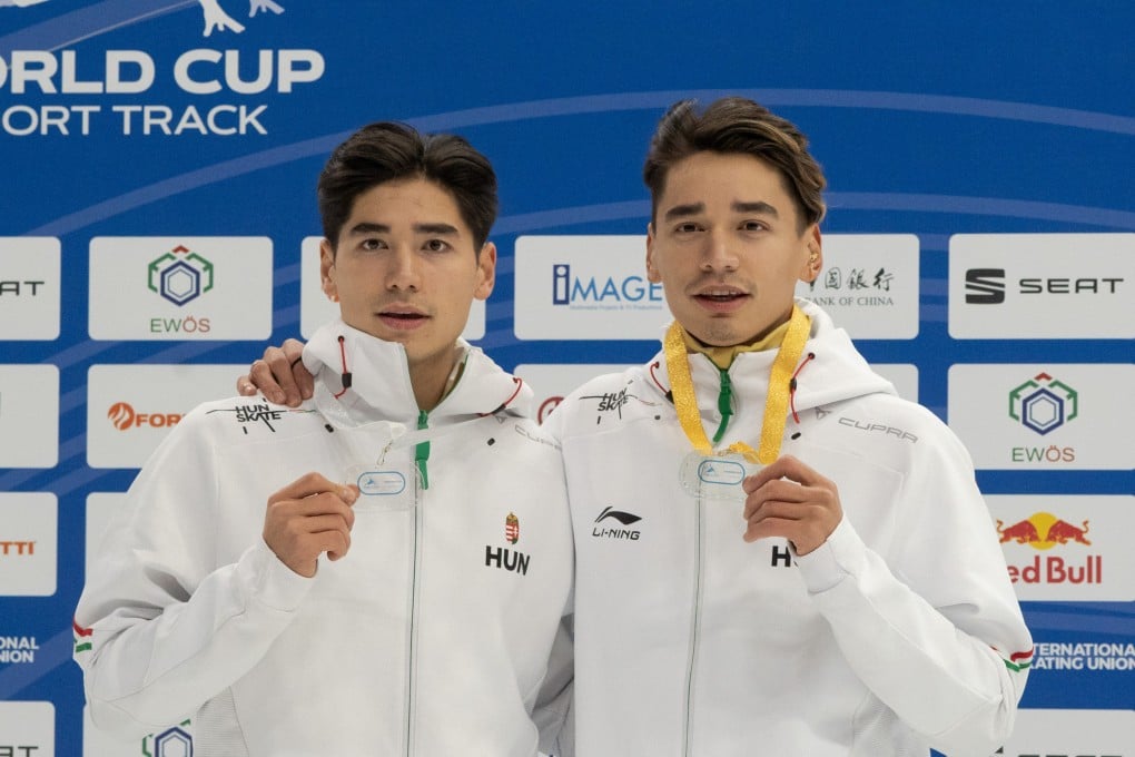 Gold medallist Sandor Liu Shaolin (right) and his silver medallist brother Shaoang stand on the podium after a one-two finish at the ISU World Cup series in Debrecen, Hungary in November 2021. Photo: Xinhua