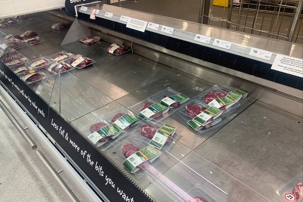 A supermarket fridge missing most of its usual meat products in Sydney, Australia, last month, when a spike in Covid-19 infections caused major logistical disruption. Now China has suspended imports from yet another Australian meat processing plant. Photo: EPA-EFE