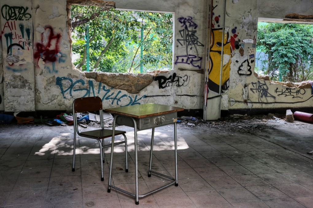 A former classroom inside the now derelict Kwai Chung Public School in Hong Kong. Artist Sara Tse, a former pupil, explored the history and her memories of the school, which was “killed off” in 2007, as part of an art project run by the Conservancy Association Centre for Heritage. Photo: Fannie Wong