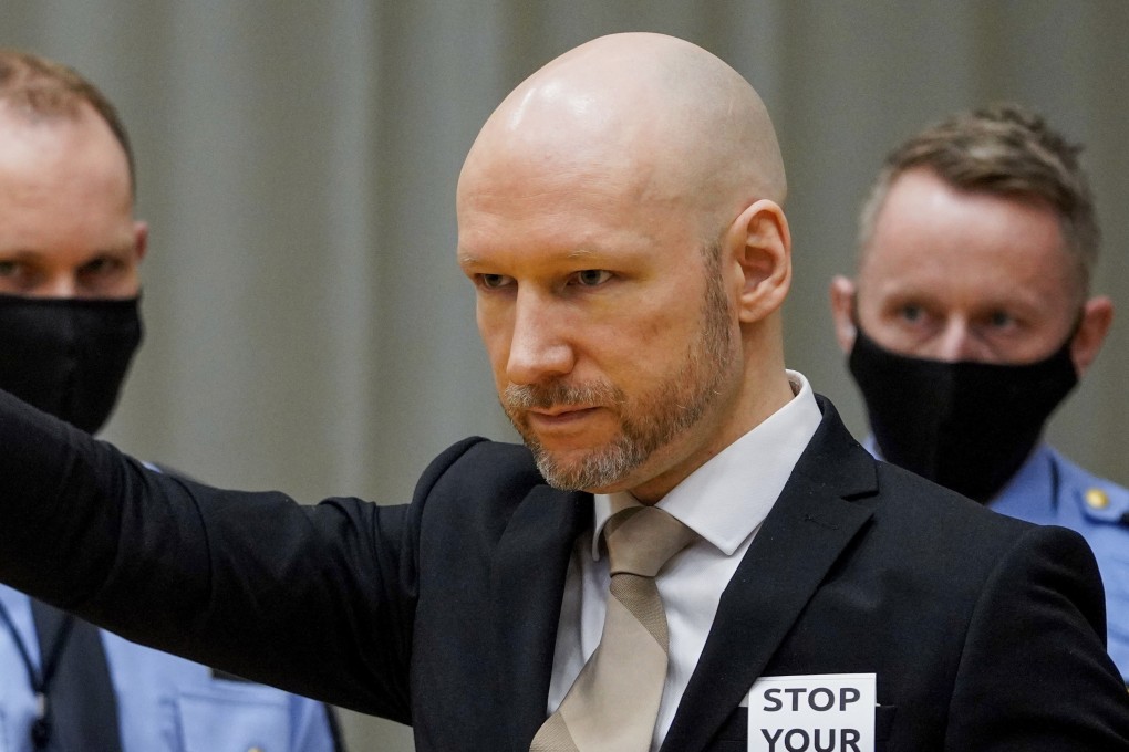 Convicted mass murderer Anders Behring Breivik arrives in court on the first day of his parole hearing where he is seeking parole, in Skien, Norway in January. Photo: NTB Scanpix via AP