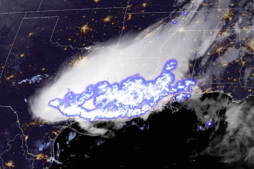 This satellite image shows a thunderstorm complex that was found to contain the longest single flash that covered a horizontal distance on record, across parts of the southern United States on April 29, 2020. Image: NOAA via AP