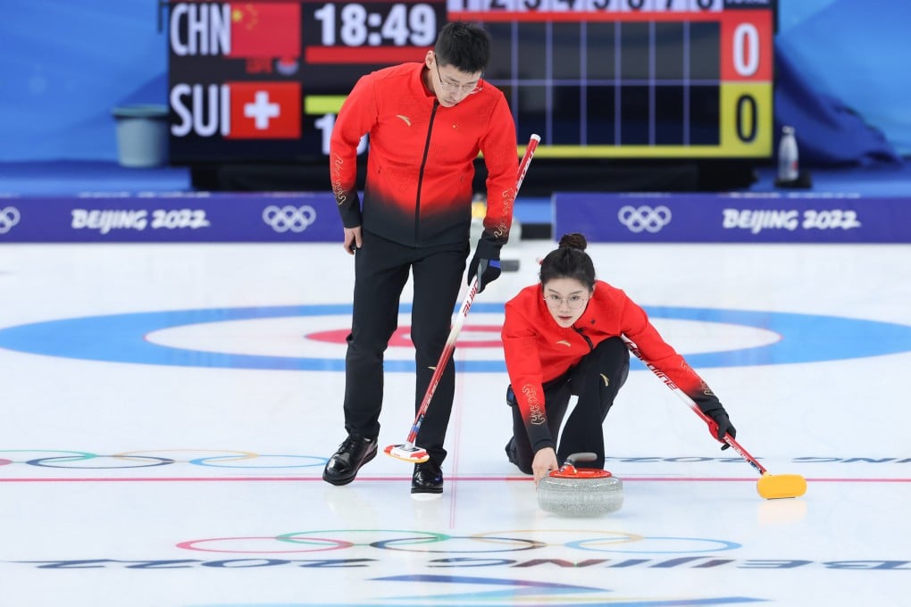 China’s Fan Suyuan (right) and Ling Zhi compete during the curling mixed doubles round robin session of the Winter Olympics. Photo: Xinhua