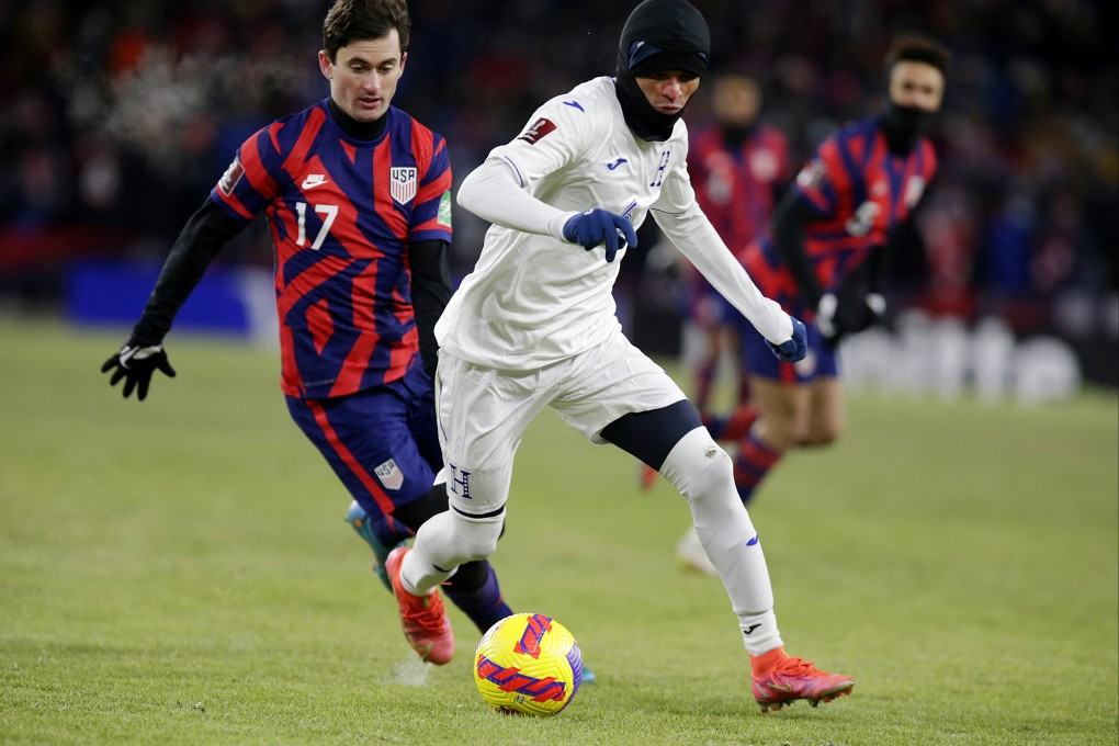 Honduras midfielder Juan Delgado (front) wearing gloves, leggings and a balaclava during the second half of his side’s game in St Paul. Photo: AP