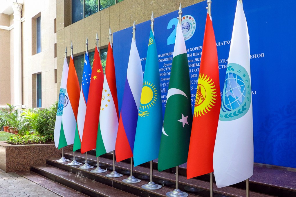 The national flags of the member states of the Shanghai Cooperation Organization, a Eurasian economic and security alliance, seen in Dushanbe, Tajikistan, on July 14. Photo: TASS via Getty Images