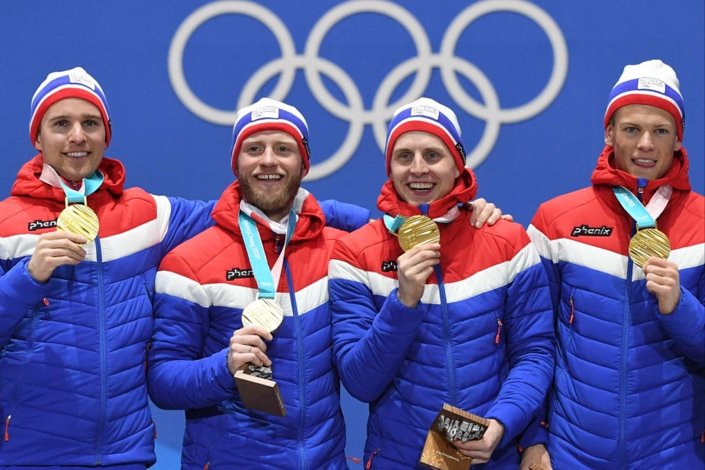 Norway’s gold medallists (from left) Didrik Toenseth, Martin Johnsrud Sundby, Simen Hegstad Krueger and Johannes Hoesflot Klaebo pose on the podium during the medal ceremony for the cross country men’s 4x10km relay at the Pyeongchang 2018 Winter Olympics. Photo: Javier Soriano/AFP
