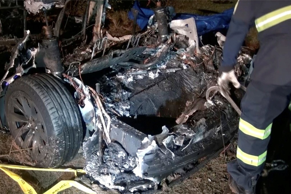 The remains of a Tesla vehicle are seen after it crashed in The Woodlands, Texas, on April 17, 2021. Concerns about the safety and reliability of self-driving cars persist despite rosy pronouncements of their imminent rise to prominence. Photo: Reuters