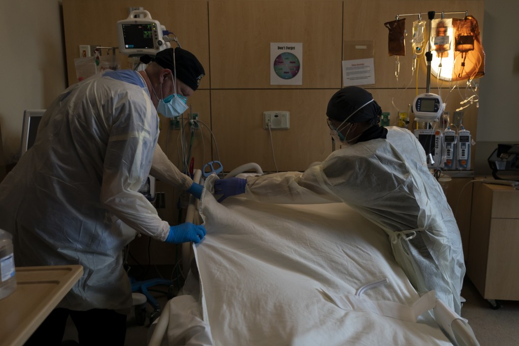 Medical staff cover a Covid-19 patient’s body with a sheet at a hospital in Los Angeles. The US has seen a higher death rate in the past two months than other developed nations. Photo: AP