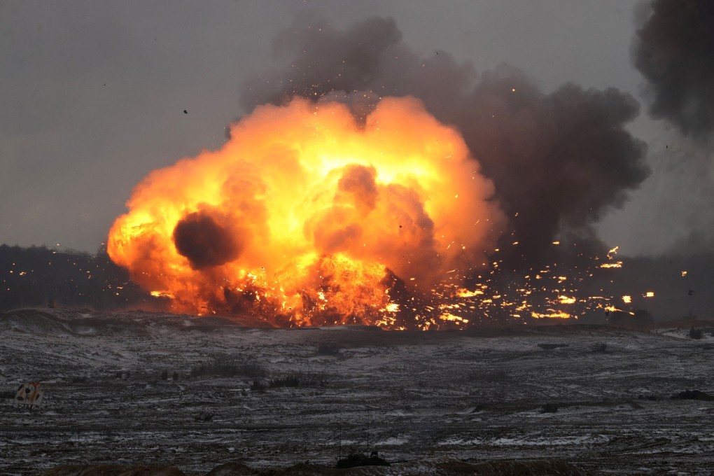 A fireball rises from an explosion during joint exercises between Russia and Belarus at a firing range in the Brest Region, Belarus on Thursday. Photo: BelTA via Reuters