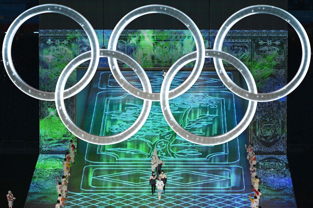 Taiwan’s flag bearers lead the island’s delegation into Beijing’s National Stadium during the opening ceremony of the 2022 Winter Olympic Games. Photo: AFP