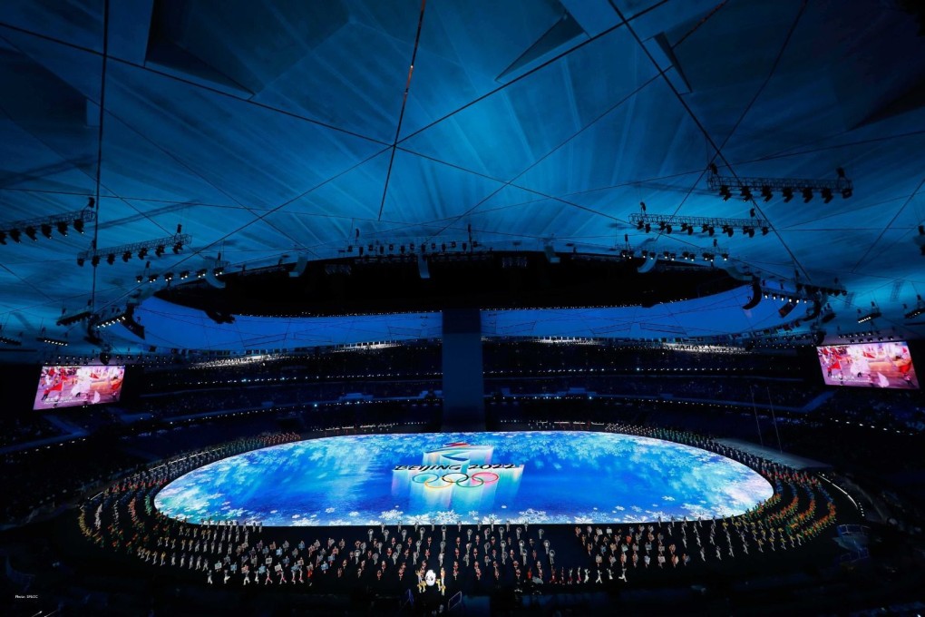 The Bird’s Nest National Stadium is awash in dazzling blue during the Beijing Winter Olympics opening ceremony. Photo: SF&OC