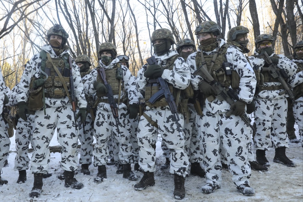 Ukraine’s National Guard soldiers take part in exercises in the abandoned city of Pripyat near the Chernobyl Nuclear Power Plant in Ukraine on February 4. Photo: AP