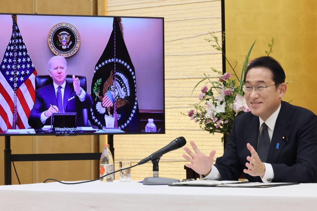 Japanese Prime Minister Fumio Kishida talks in a virtual meeting with US President Joe Biden on January 21. Photo: Cabinet Secretariat / Kyodo News via AP