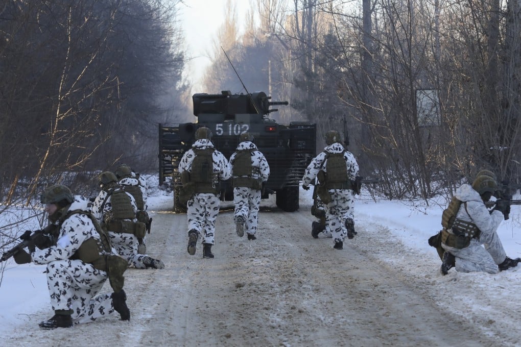 Ukrainian special forces, police and national guard held the exercises on snowy streets near abandoned Soviet hotels and buildings of Pripyat. Photo: AP