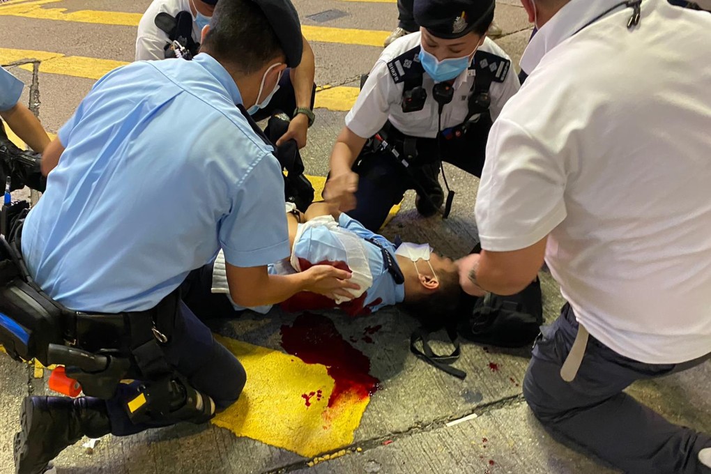 On July 1, 2021, a man stabbed a police constable in the back outside the Sogo department store in Causeway Bay. Photo: Handout