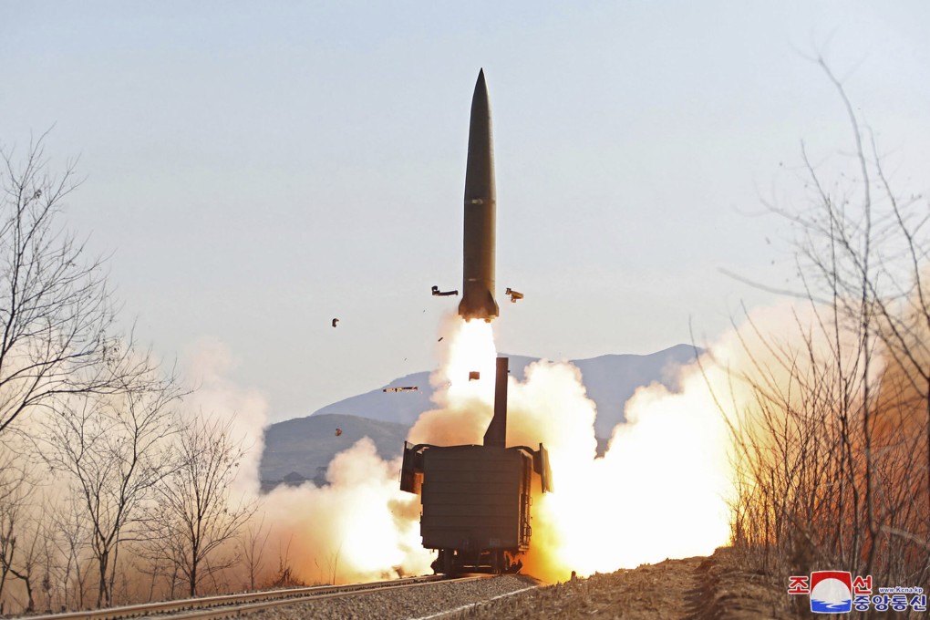 A North Korean government-provided photo showing a missile test.